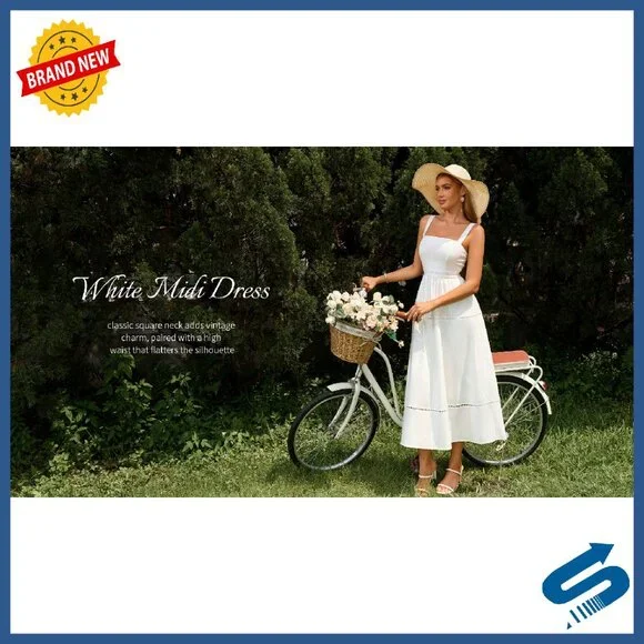 Summer Corset Midi Dress Square Neck Flowy A-Line Wedding Guest - Picture 8 of 8